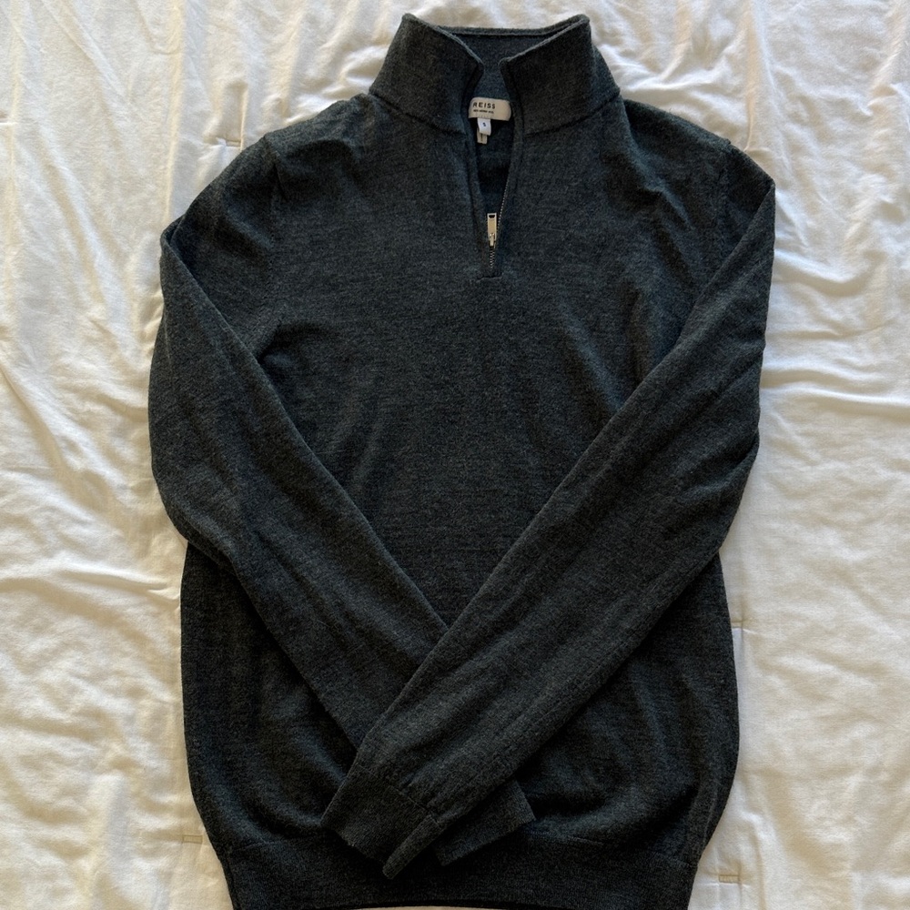 Reiss Charcoal Zip-Up Merino Wool Sweater